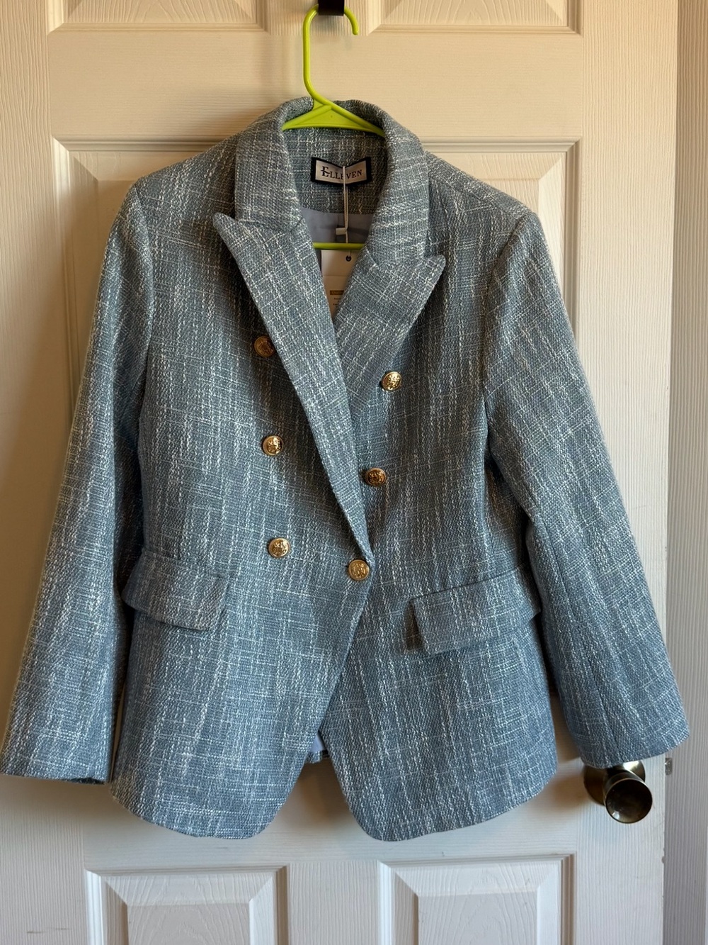 Elleven Classic Tailored Blue Tweed Double-Breasted Blazer Office Core Medium